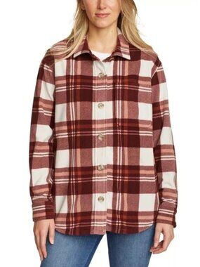 NWOT Eddie Bauer Women's S Plaid Flannel Button-Up Shirt Jacket Burgundy G2038